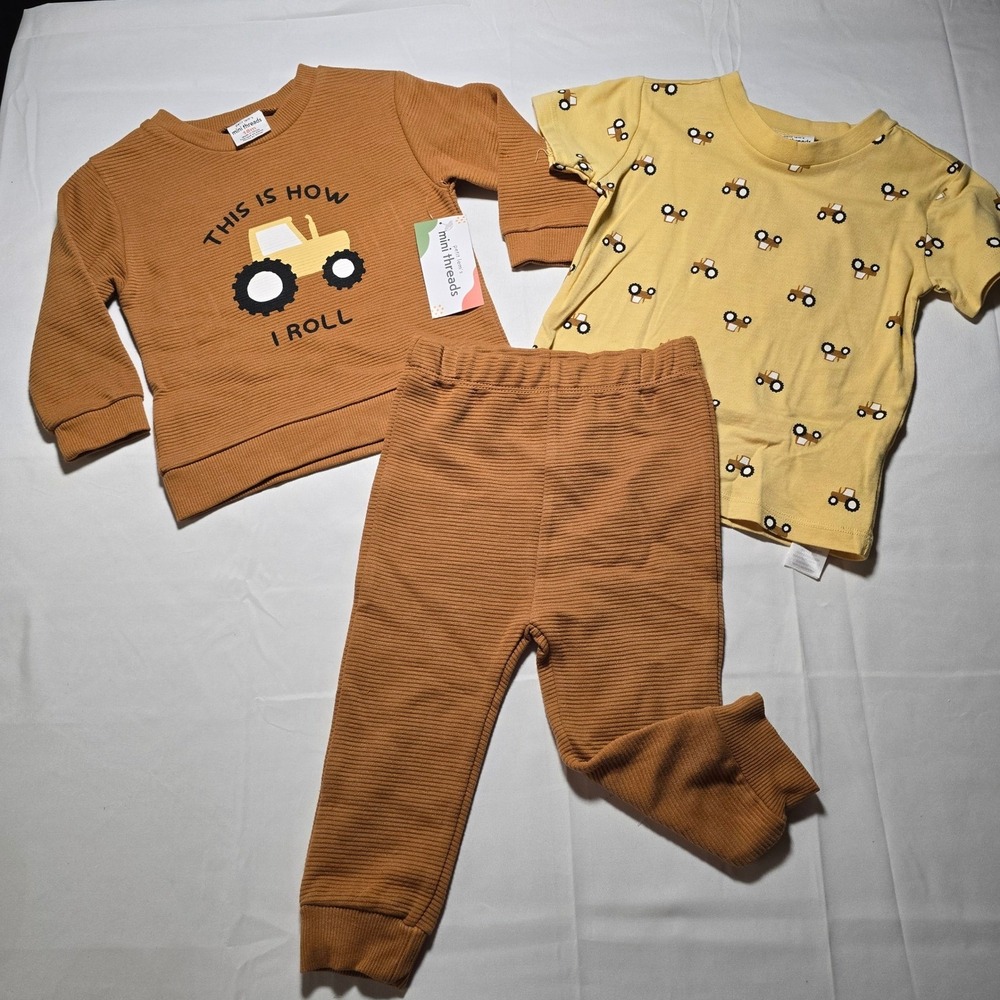 Petit Lem Mini Threads 18M 3pc Set Tractor Sweatshirt Joggers Tee Brown Farm